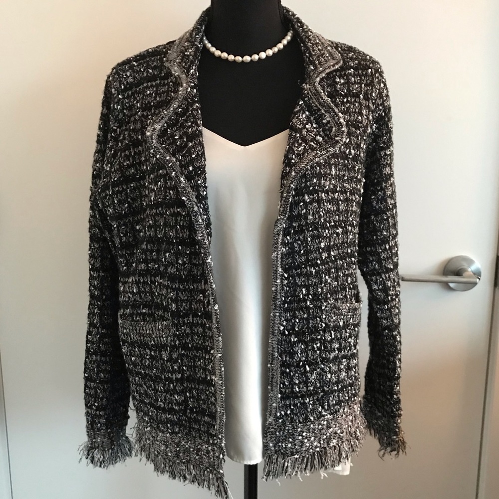 Stretchy Tweed Open Blazer w/Pockets